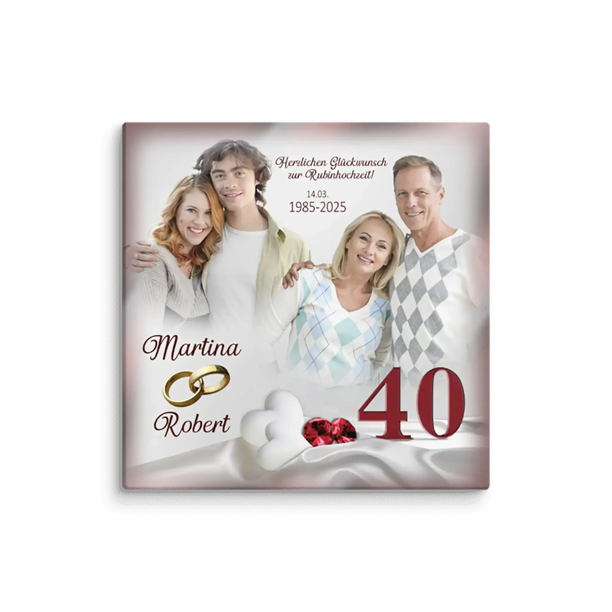 Familienfoto Leinwand zur Rubinhochzeit, 40 Jahre Ehe, Namen, Ringe und Herzen, personalisiert