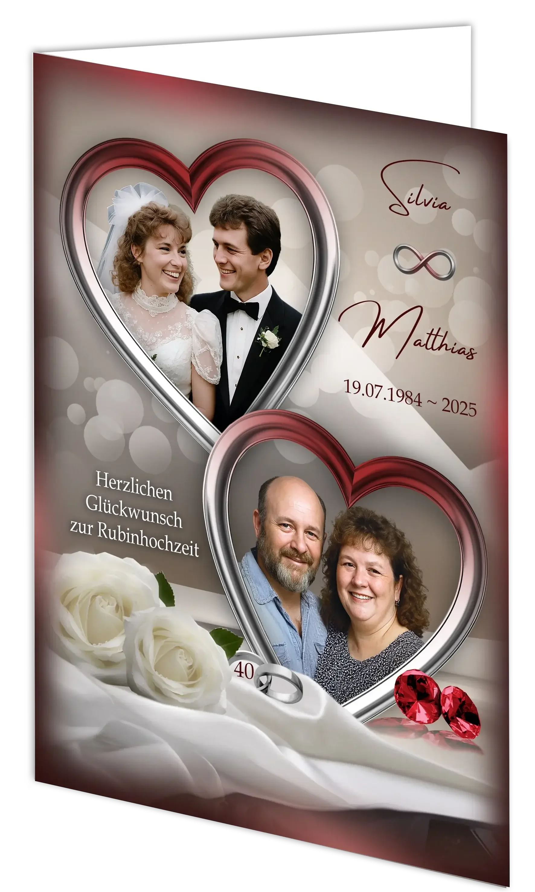 Rubinhochzeit Grußkarte mit Herzen, weißen Rosen, roten Rubinen und Paarfotos, Jubiläum 40 Jahre