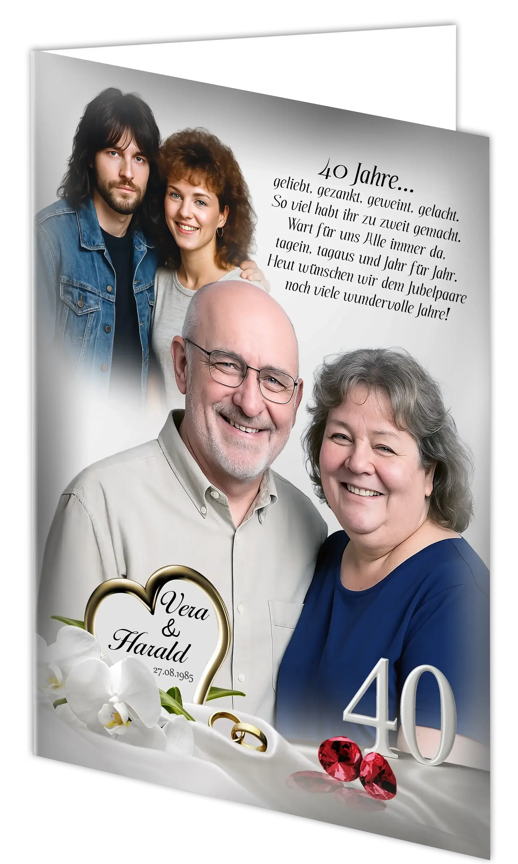 Klappkarte zur rubinroten Hochzeit mit älterem Paar, junges Paar, Orchideen, goldene Ringe und Zahl 40