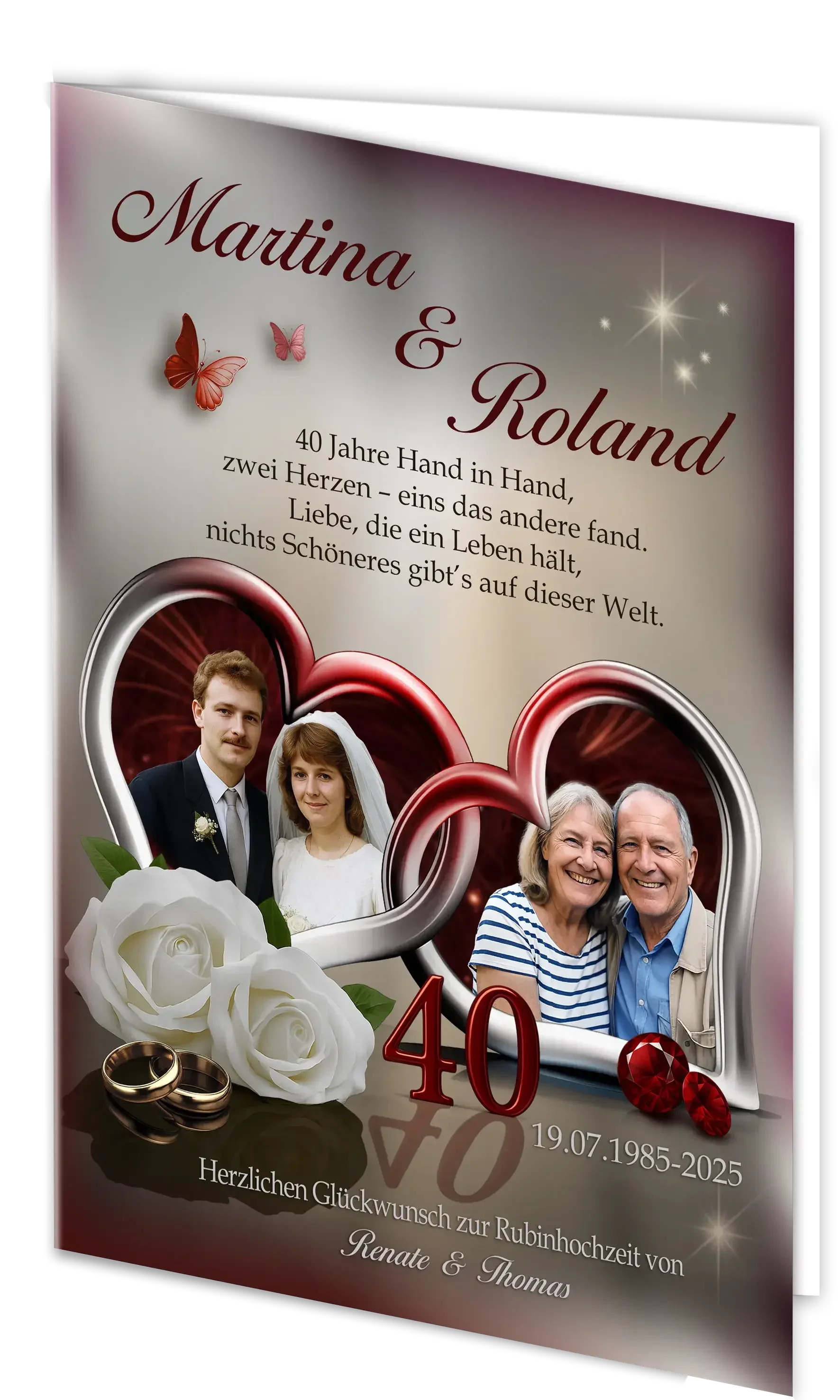 Klappkarte zur Rubinhochzeit mit Paarfotos, Herz-Motiven, weißen Rosen und roten Edelsteinen