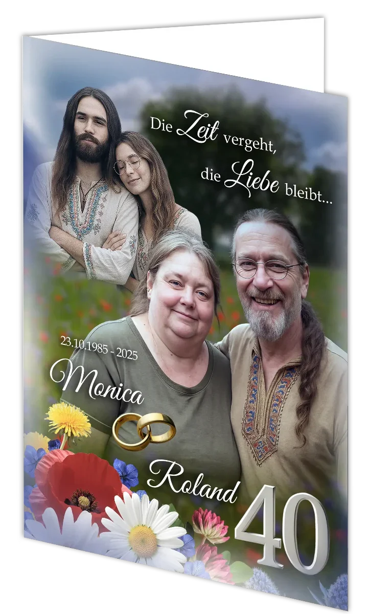 Klappkarte zur 40. Hochzeitstag, vier Menschen, Blumen, Eheringe, Text Zeit vergeht, Liebe bleibt