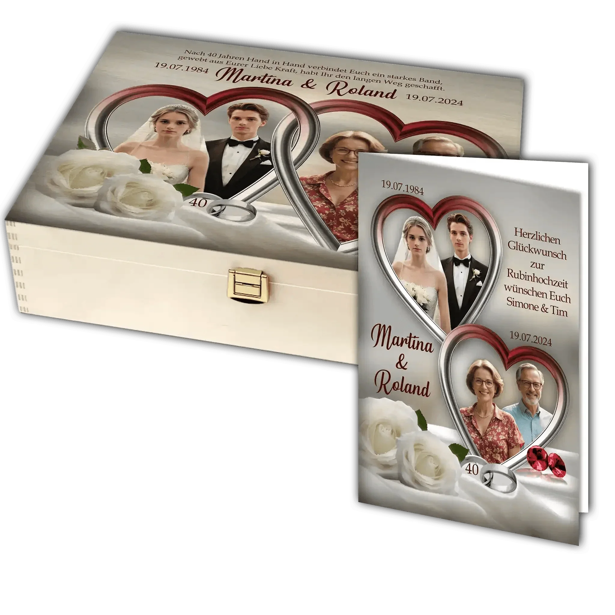 Personalisierte Holzbox und Grußkarte zur Rubinhochzeit mit Herzmotiven, Fotos und weißen Rosen.