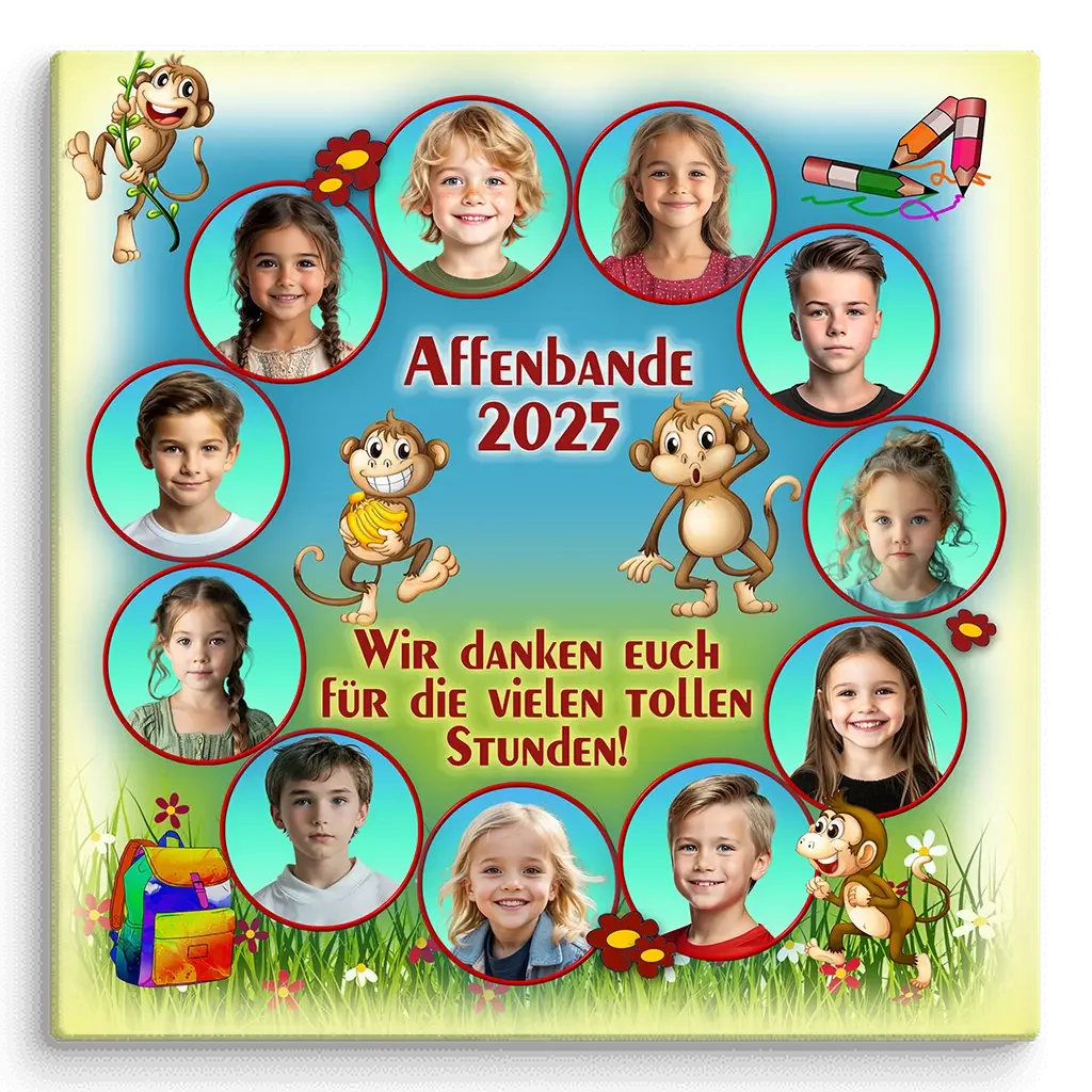 Leinwand Schule Kindergarten Gruppenfoto Kinder Affen Zeichnung, Text 'Affenbande 2025'.
