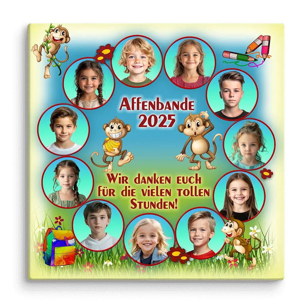Leinwand Schule Kindergarten Gruppenfoto Kinder Affen Zeichnung, Text 'Affenbande 2025'.