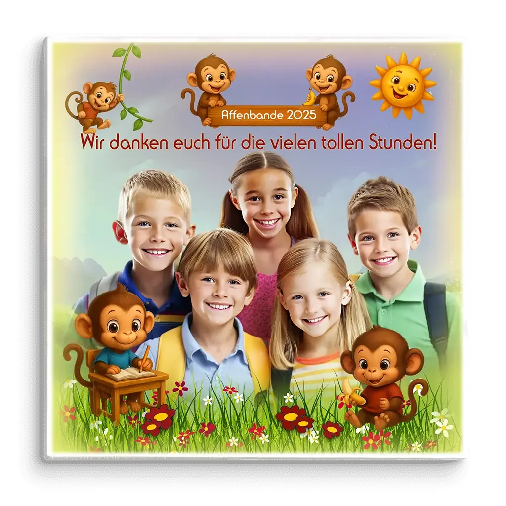 Kindergarten Leinwand mit fröhlichen Kindern, Affenmotiven, Blumen und Sonnenschein.