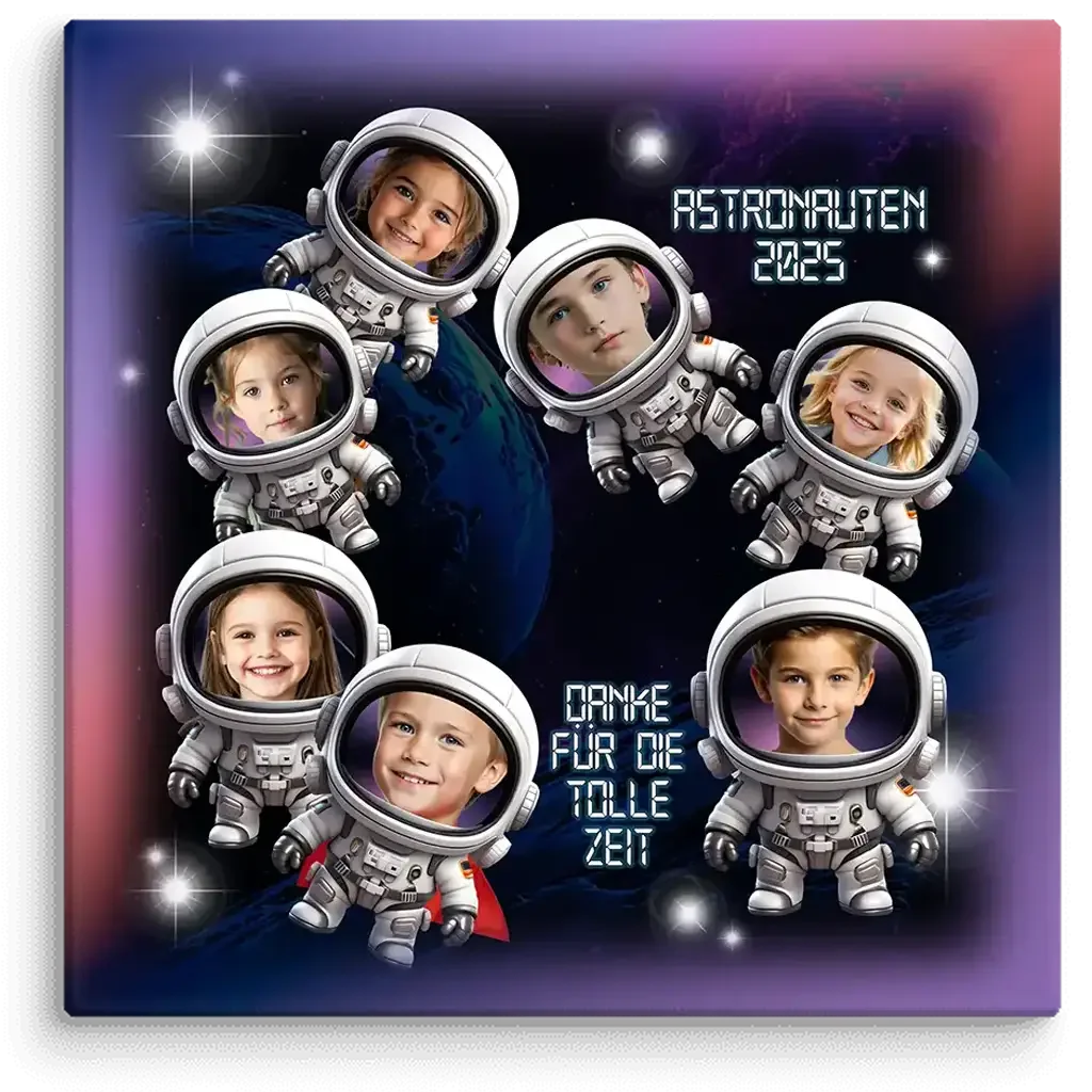 Leinwand mit Fotos von Kindern als Astronauten im Weltall, Text: Astronauten 2025, Danke für die tolle Zeit.