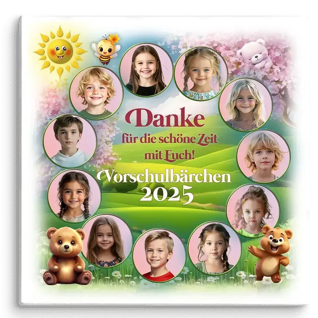 Kindergarten Abschiedsgeschenk Leinwand mit Kinderfotos, Bärchen und Aufschrift Vorschulbärchen 2025