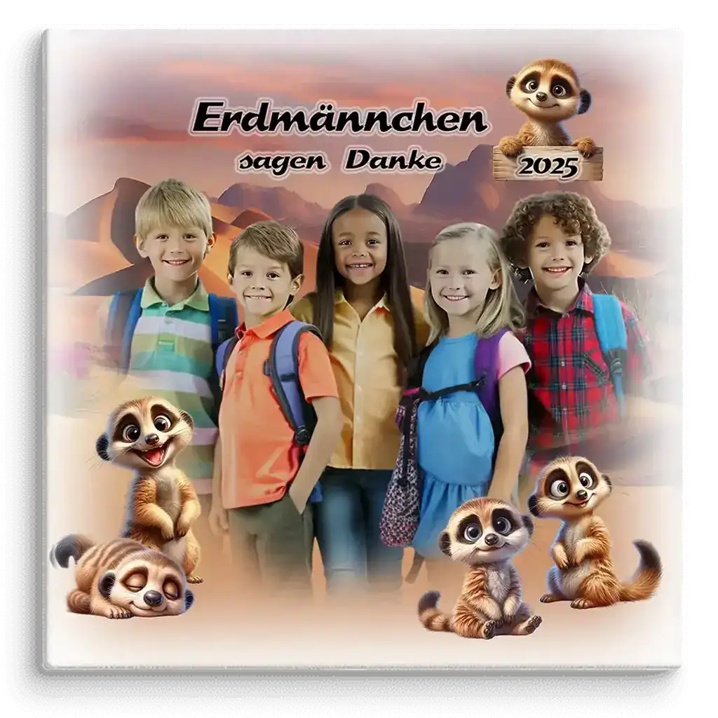 Fünf lächelnde Schulkinder mit Rucksäcken vor Wüstenlandschaft und niedlichen Erdmännchen, Text: Erdmännchen sagen Danke 2025, Leinwand für Kindergarten oder Schule