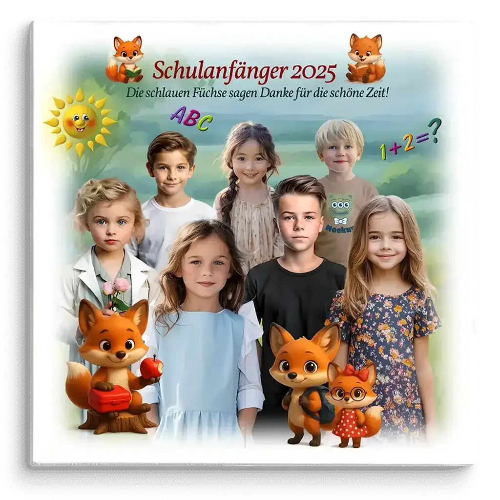 Schulanfänger 2025 Leinwand mit Kindern, Füchsen, ABC und Sonne, geeignet für Kindergarten