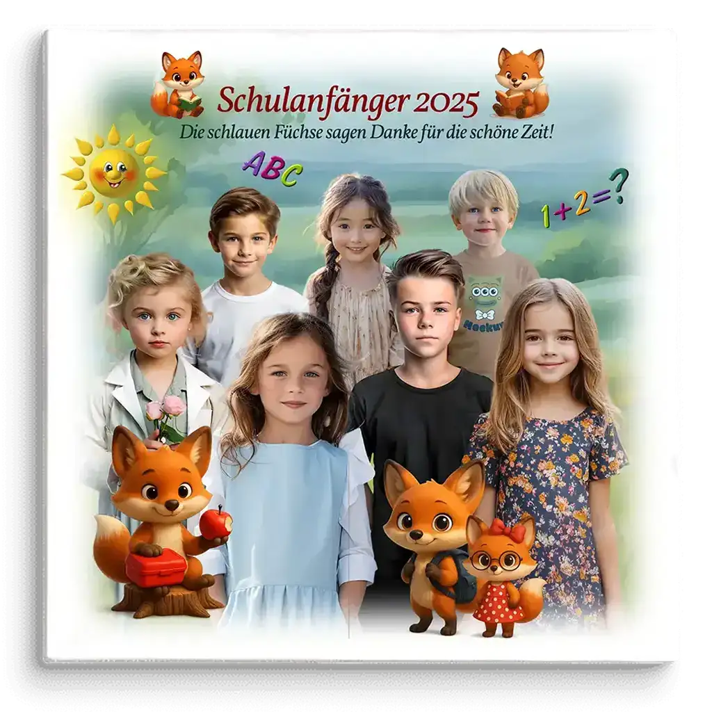 Schulanfänger 2025 Leinwand mit Kindern, Füchsen, ABC und Sonne, geeignet für Kindergarten