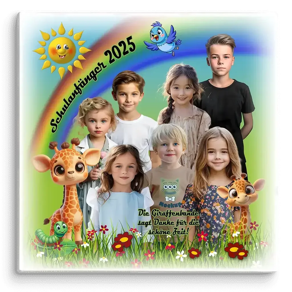 Schulanfänger 2025 Leinwand mit Kindern, Giraffen, Sonnenschein, Regenbogen und Blumenwiese