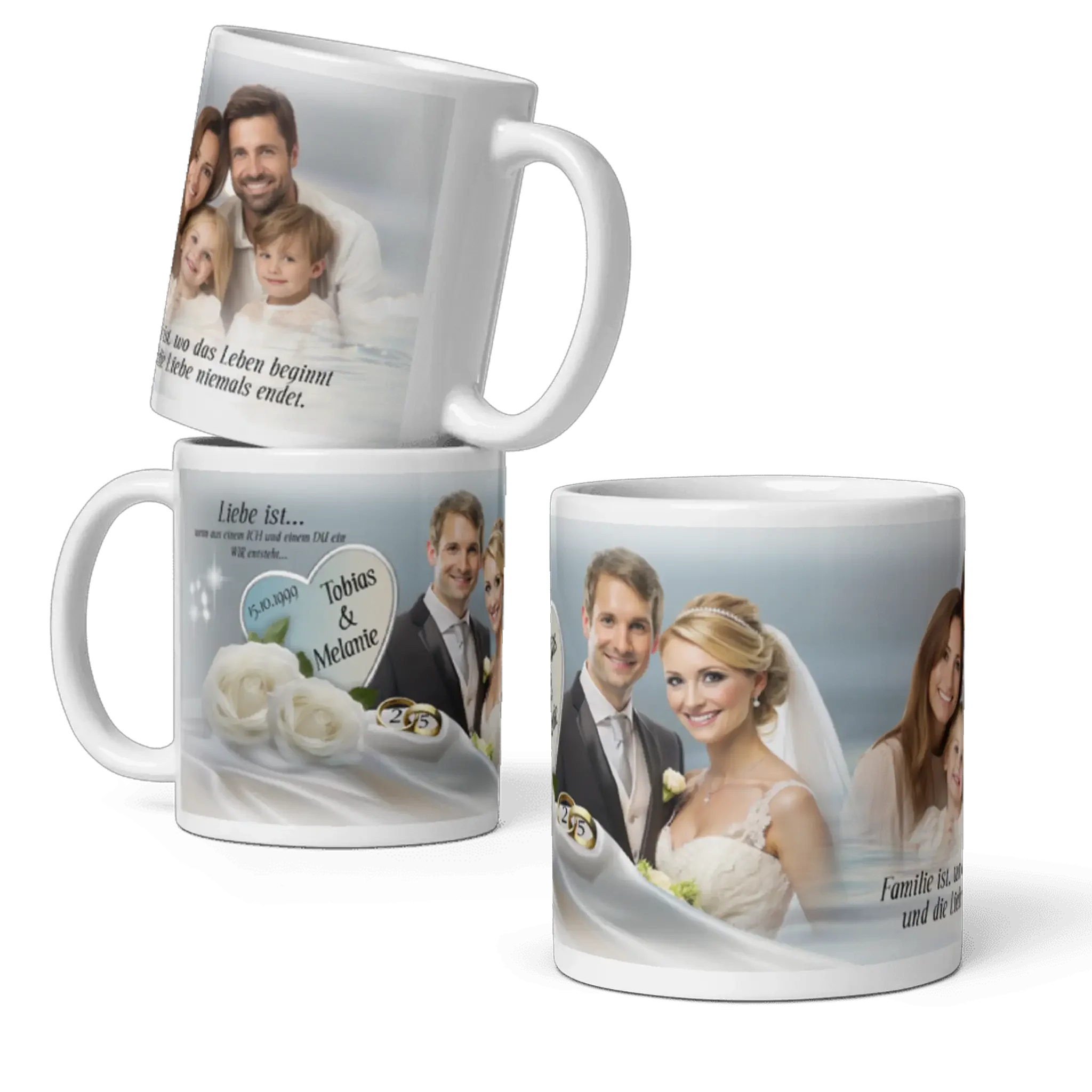 Personalisierte Hochzeitstasse mit Brautpaar, Familie, weißen Rosen und Herz mit Namen.