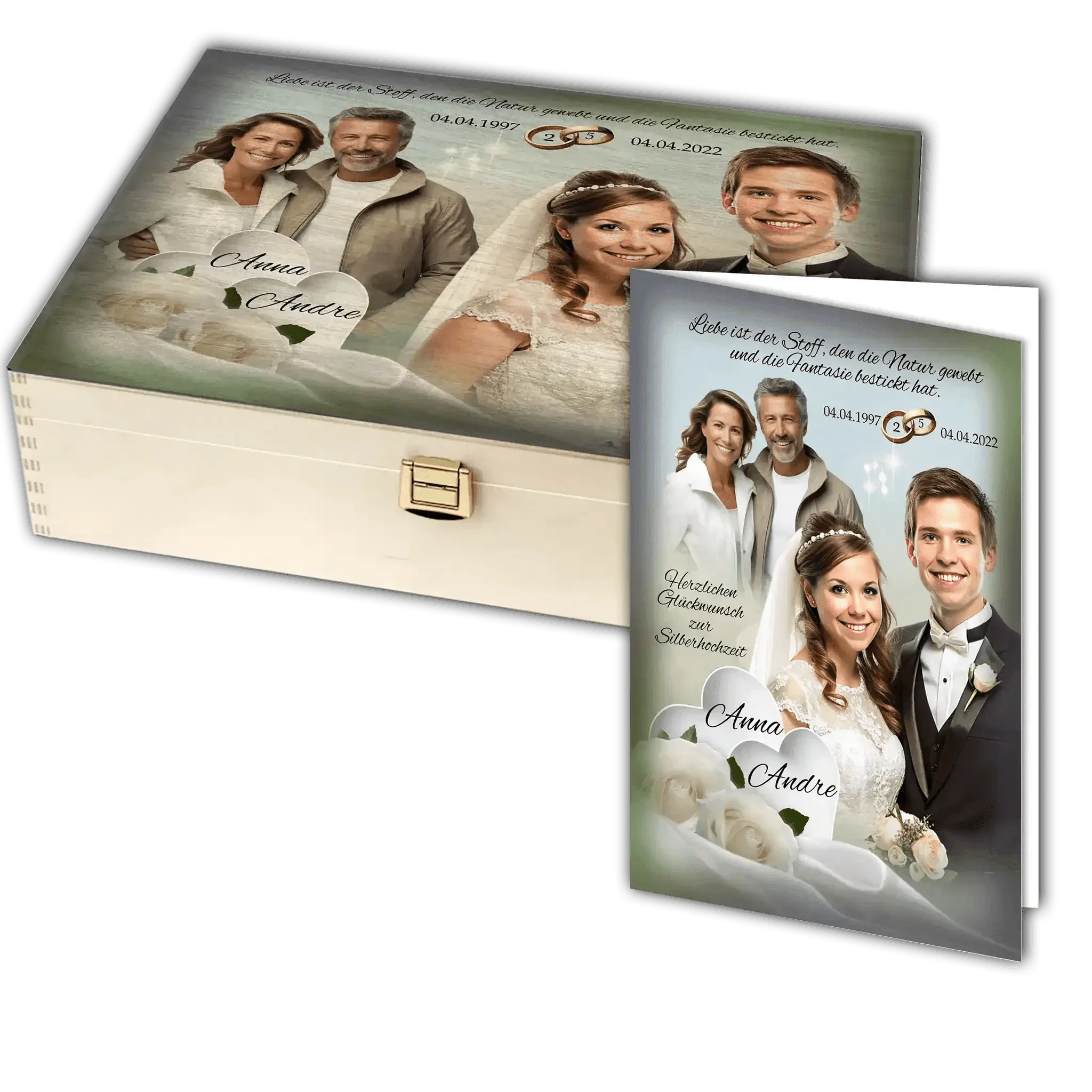 Holzbox und Karte Silberhochzeit mit Brautpaar-Foto, Rosen und personalisierten Namen