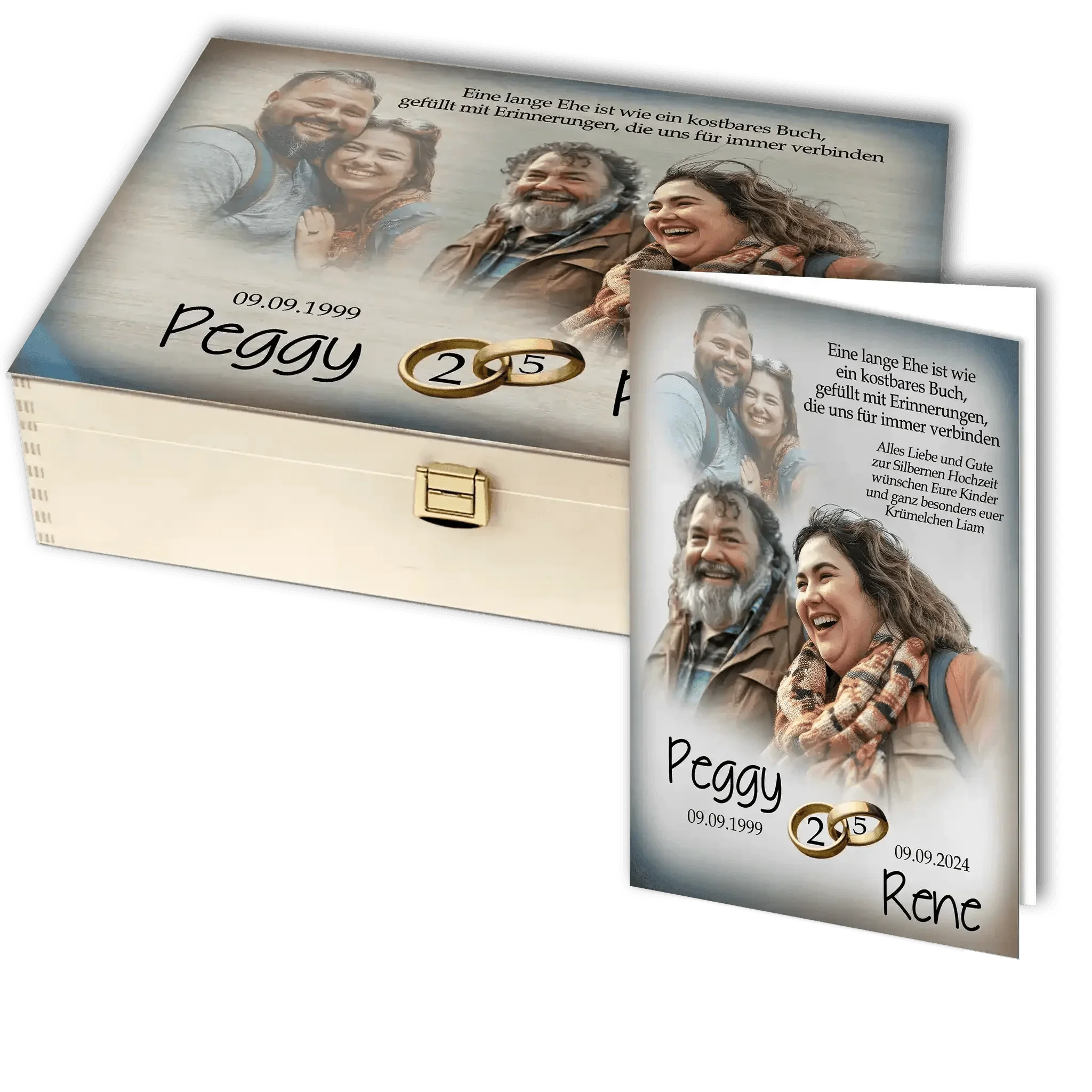 Personalisierte Holzbox und Karte zur Silberhochzeit mit Foto, Namen, Datum und Eheringen