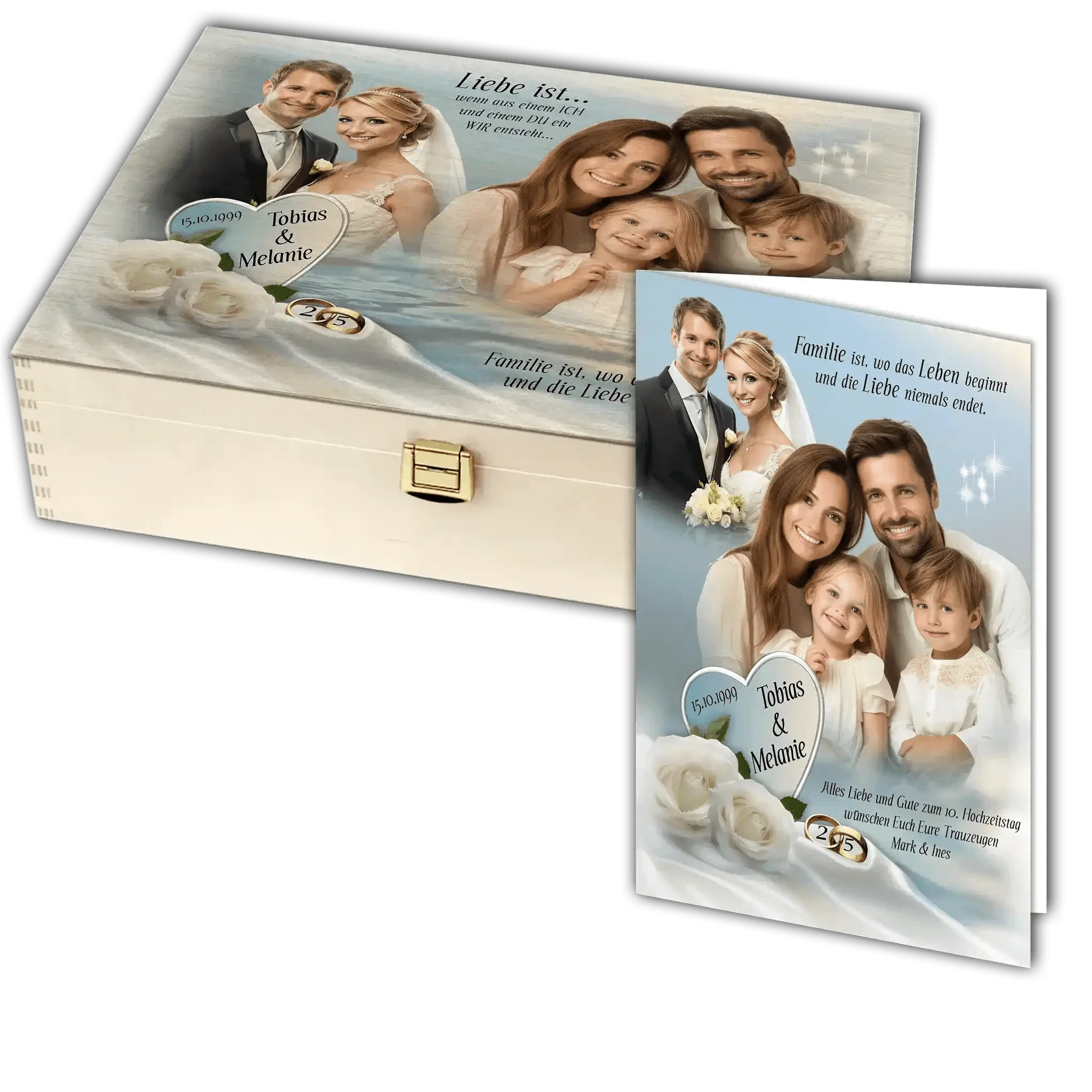 Personalisierte Holzbox und Karte zur Silberhochzeit mit Familienfoto, Herzen und weißen Rosen