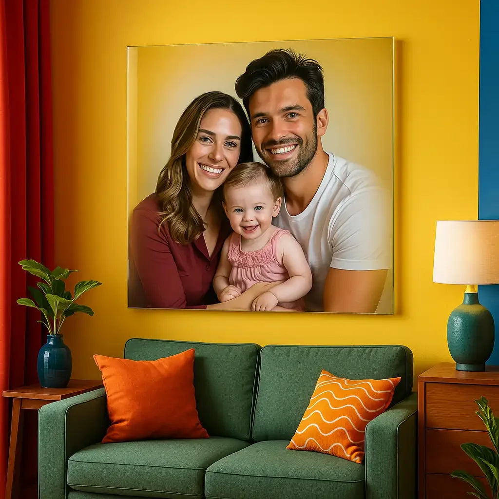 Geschenk für jeden Anlass: personalisiertes Acrylglas Bild mit lächelnden Eltern und ihrem Baby im Wohnzimmer.