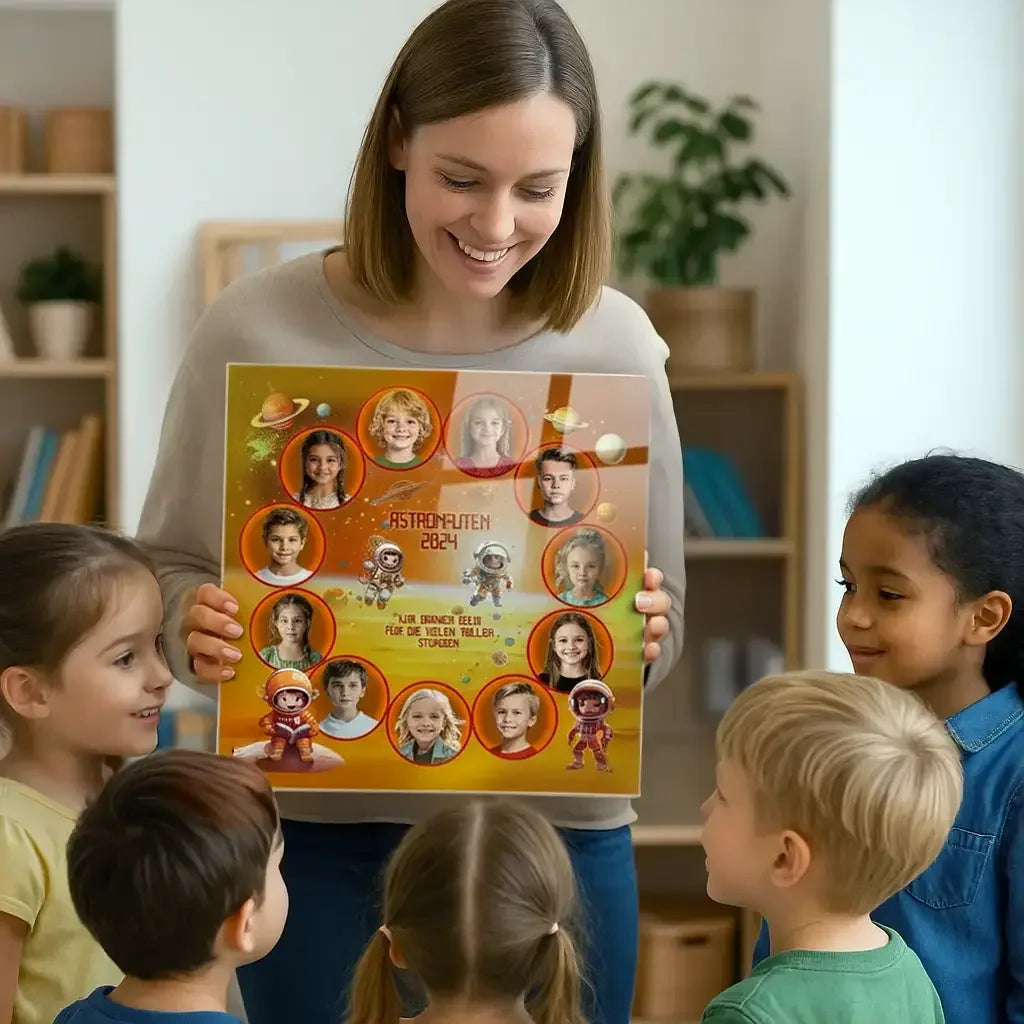 Geschenk für jeden Anlass - personalisiertes Acrylglas Bild mit fröhlichen Kindern und Lehrerin.