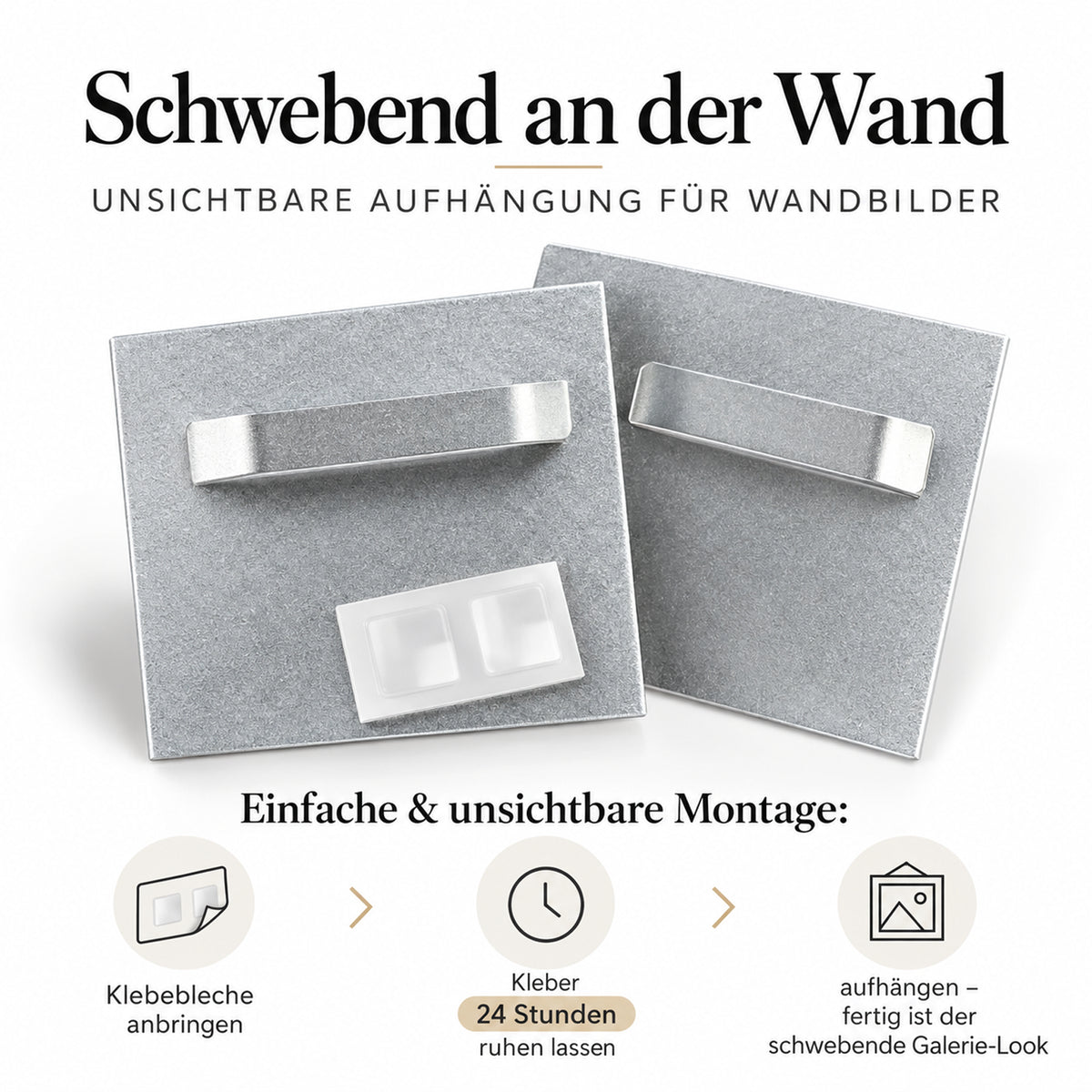 Geschenk: Schwebend an der Wand selbstklebende Aufhängebeleche für Wandbilder zur einfachen Montage von Bildern.