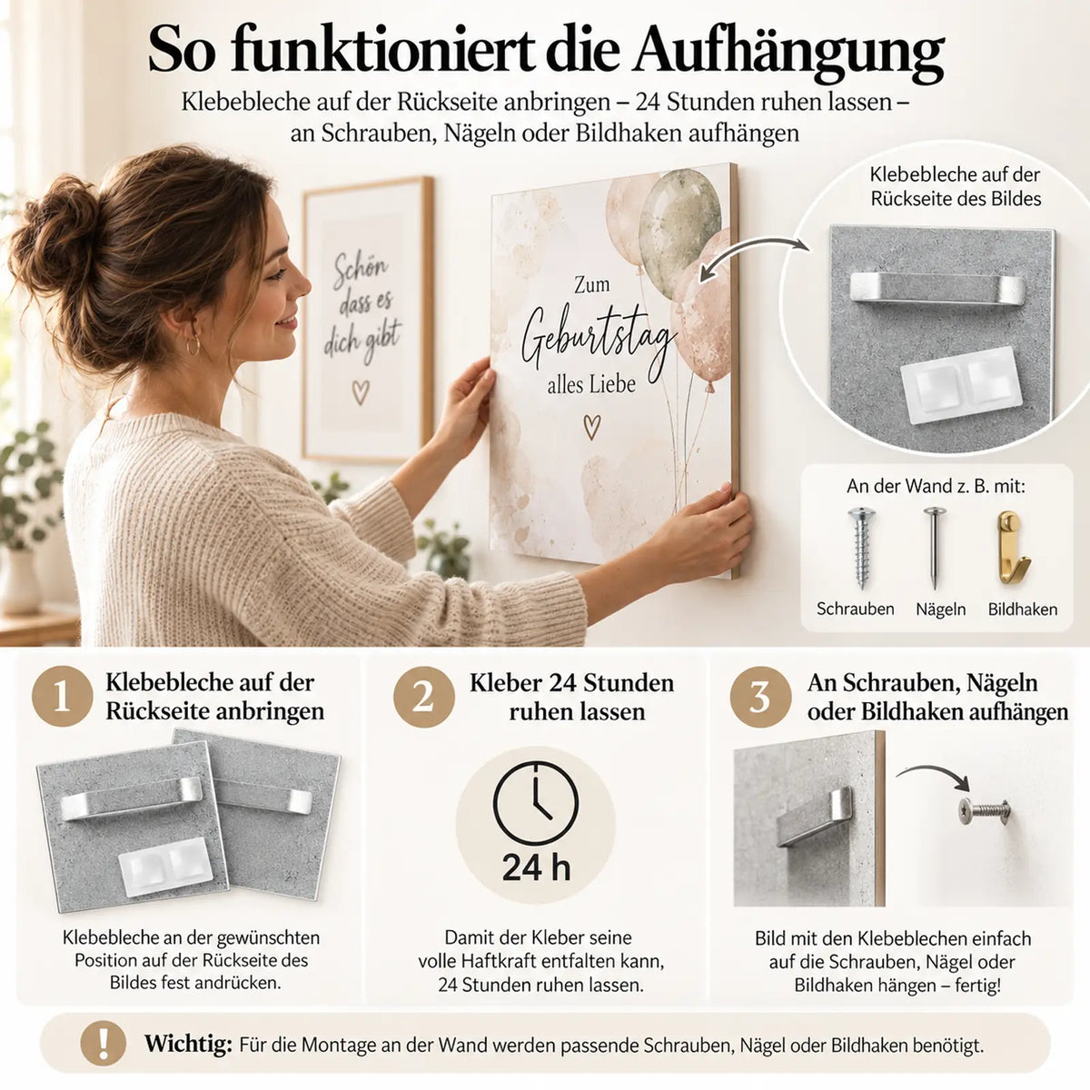 Anleitung zur Anbringung der Klebebleche zur sicheren Aufhängung eines Bildes.