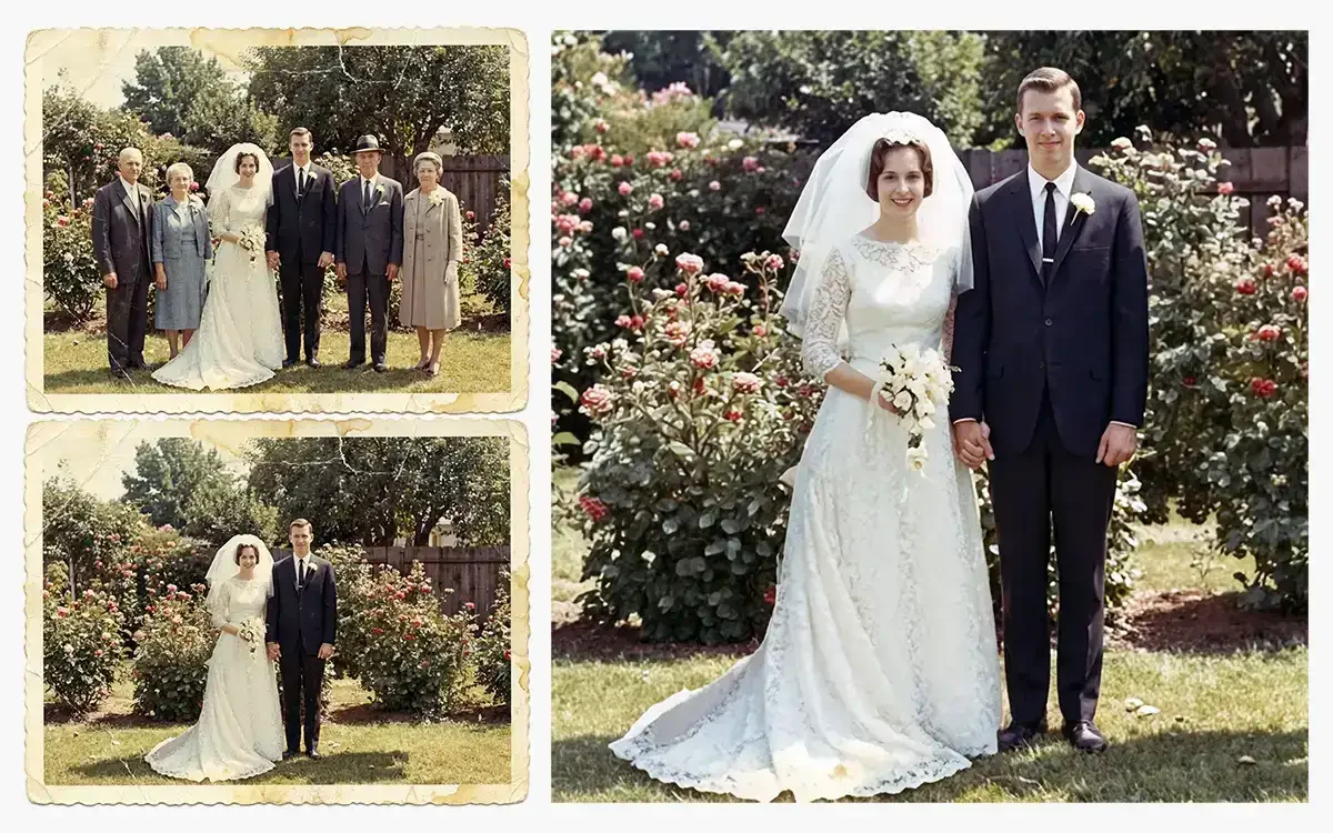 Bildbearbeitung in drei Schritten – alte Hochzeitsfotos eines Brautpaares vor und nach der Restaurierung als Vergleich in einer Collage