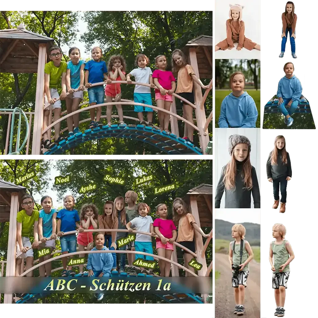 Bildbearbeitung einer Gruppe von Kindern auf einem Spielplatz, ABC - Schützen 1a, individualisierte Fotos optimiert.