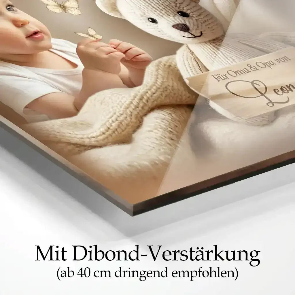 Acrylglasbild mit Dibond-Verstärkung für individuelle Geschenke zur Geburt und Taufe