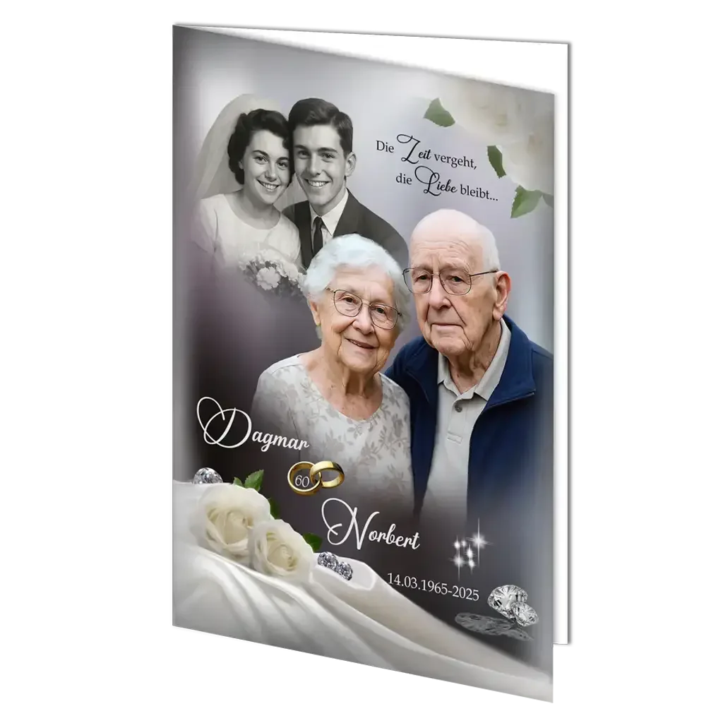 Diamanthochzeit Grußkarte mit älterem Ehepaar, altem Hochzeitsfoto, weißen Rosen und Ringen