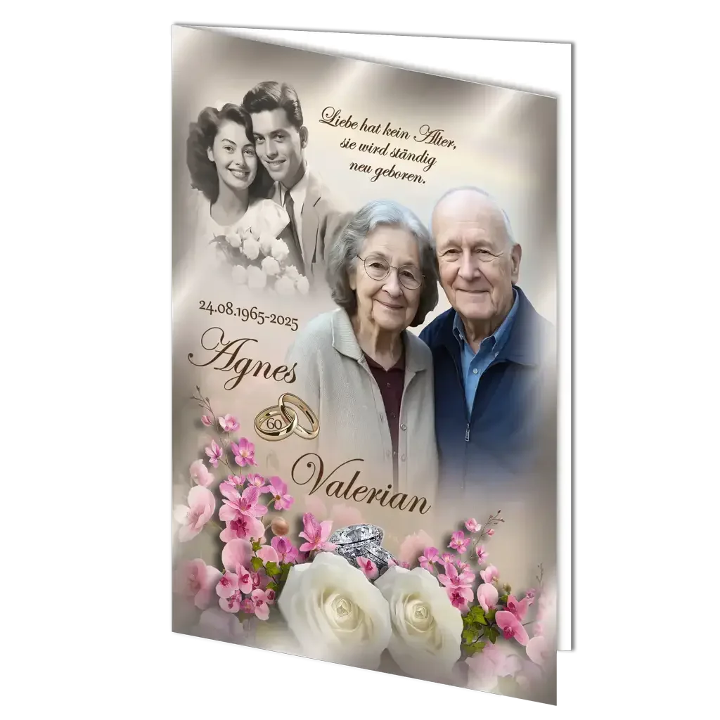 Diamantene Hochzeit Grußkarte mit älterem Paar, Blumen, Eheringen und Jubiläumsdaten.