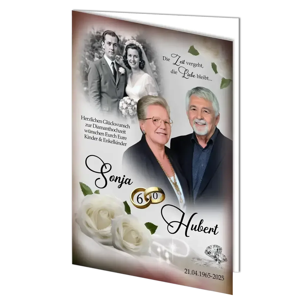 Diamanthochzeit Grußkarte mit älterem Ehepaar, Hochzeitsfoto, weißen Rosen und goldenen Ringen