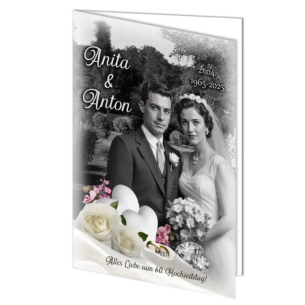 Diamanthochzeit Grußkarte mit Brautpaar, weißen Rosen, Herzen, Ringen und 60. Hochzeitstag
