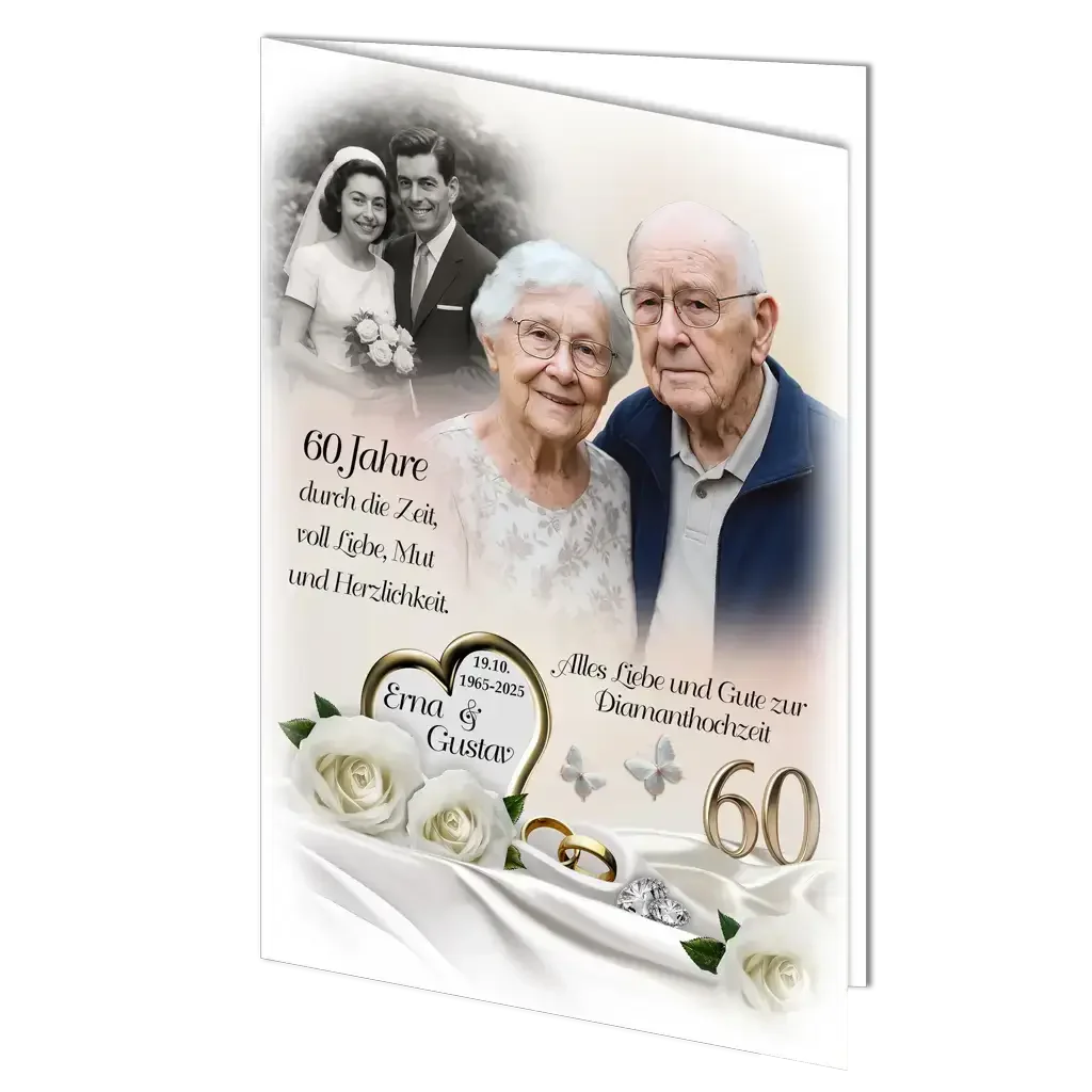 Diamanthochzeit Grußkarte mit älterem Ehepaar, Hochzeitsfoto, Ringen und weißen Rosen