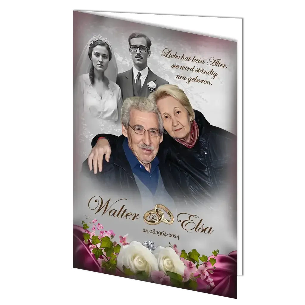 Diamanthochzeit Grußkarte mit älterem Ehepaar, Hochzeitsfoto im Hintergrund, Blumen, Eheringe, Walter und Elsa, 60 Jahre Jubiläum.
