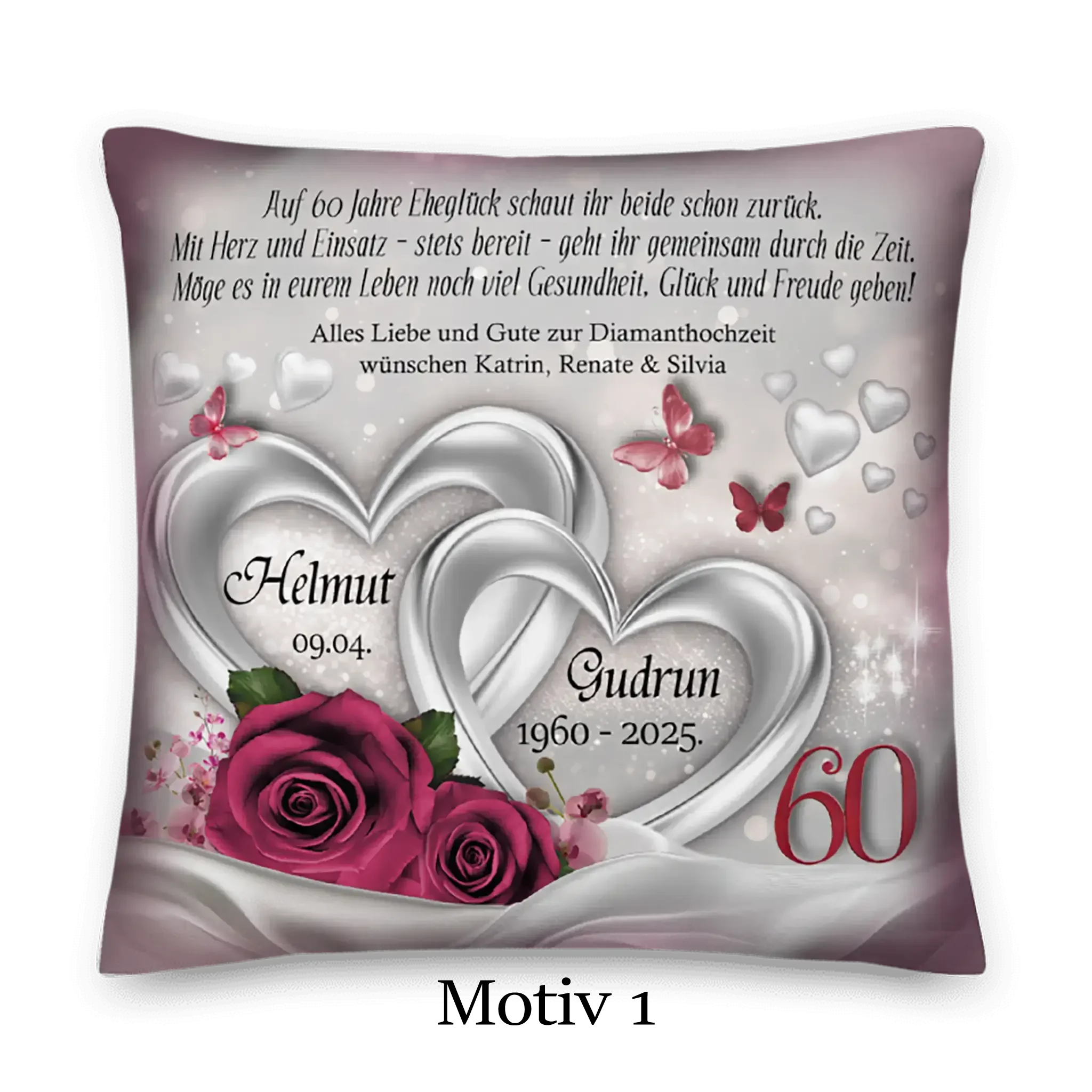 Kissen zur Diamanthochzeit mit Herzen, Rosen, Schmetterlingen und personalisierter Widmung