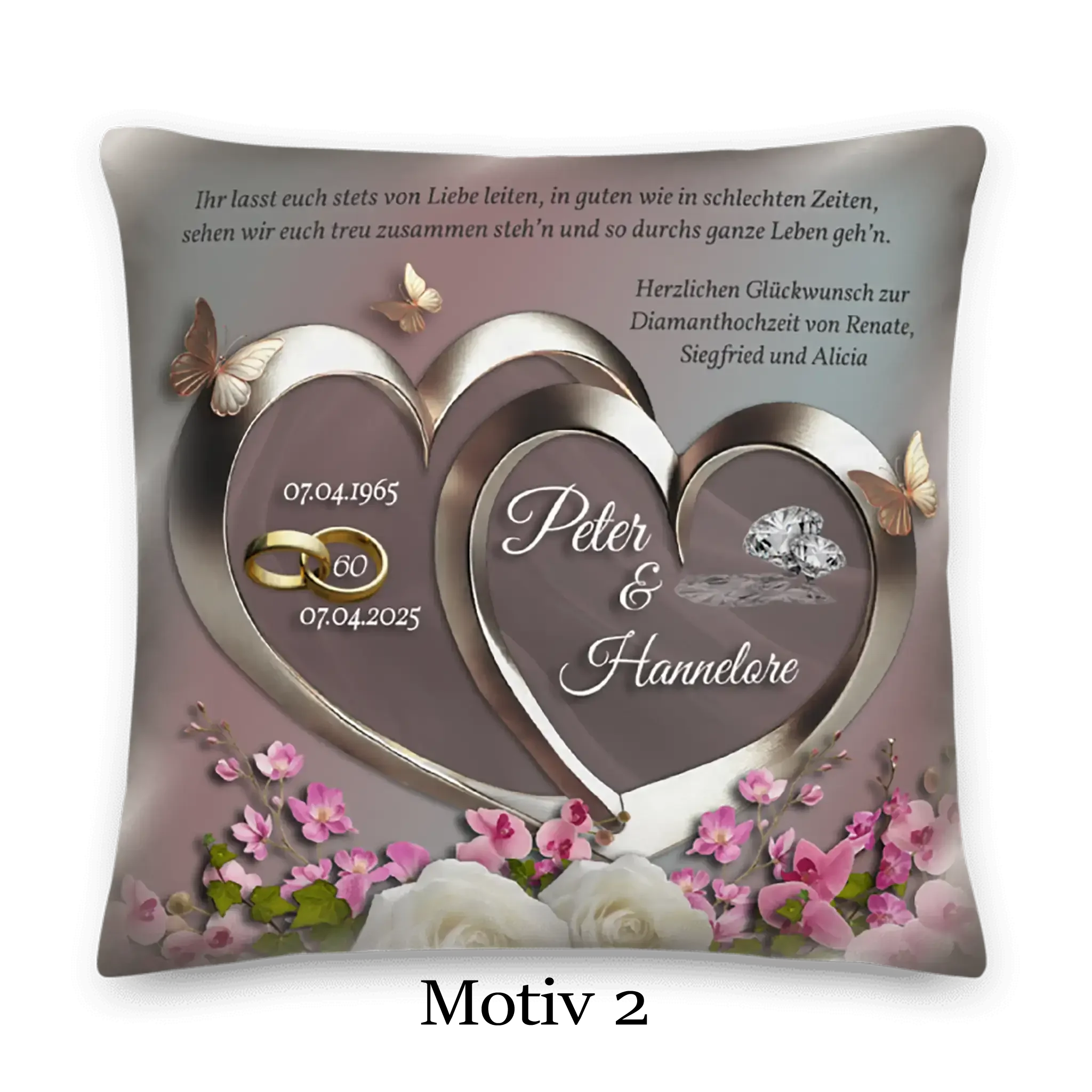 Diamanthochzeit Kissen mit silbernen Herzen, Blumen, Ringen, Diamant und Schmetterlingen