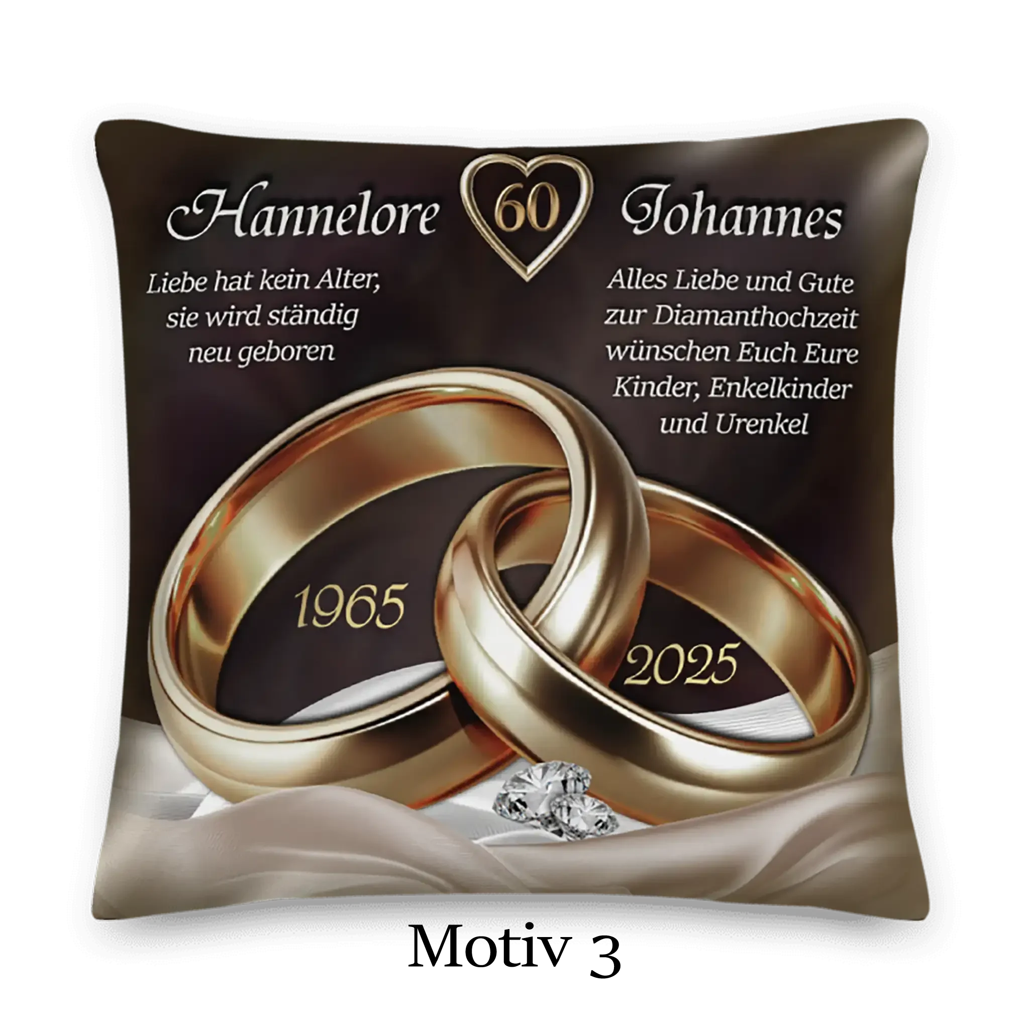 Diamanthochzeit Kissen mit goldenen Ringen, Herzsymbol, Gravur 1965-2025 und persönlichem Text