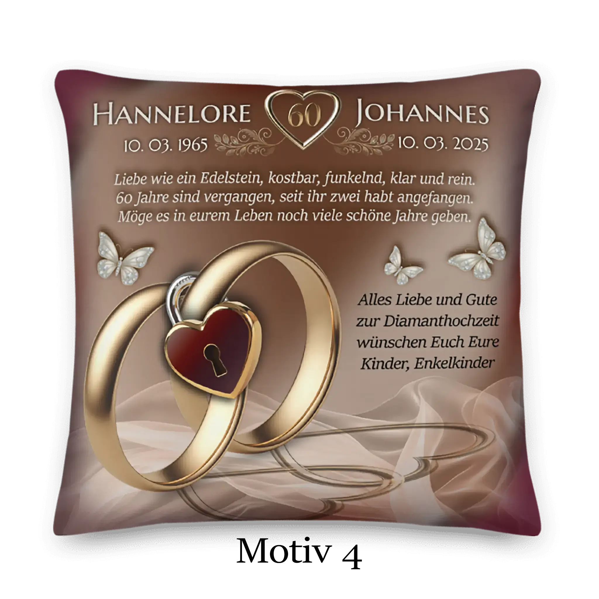 Kissen zur Diamanthochzeit mit goldenen Ringen, Herzanhänger und Schmetterlingen, 60 Jahre Jubiläum