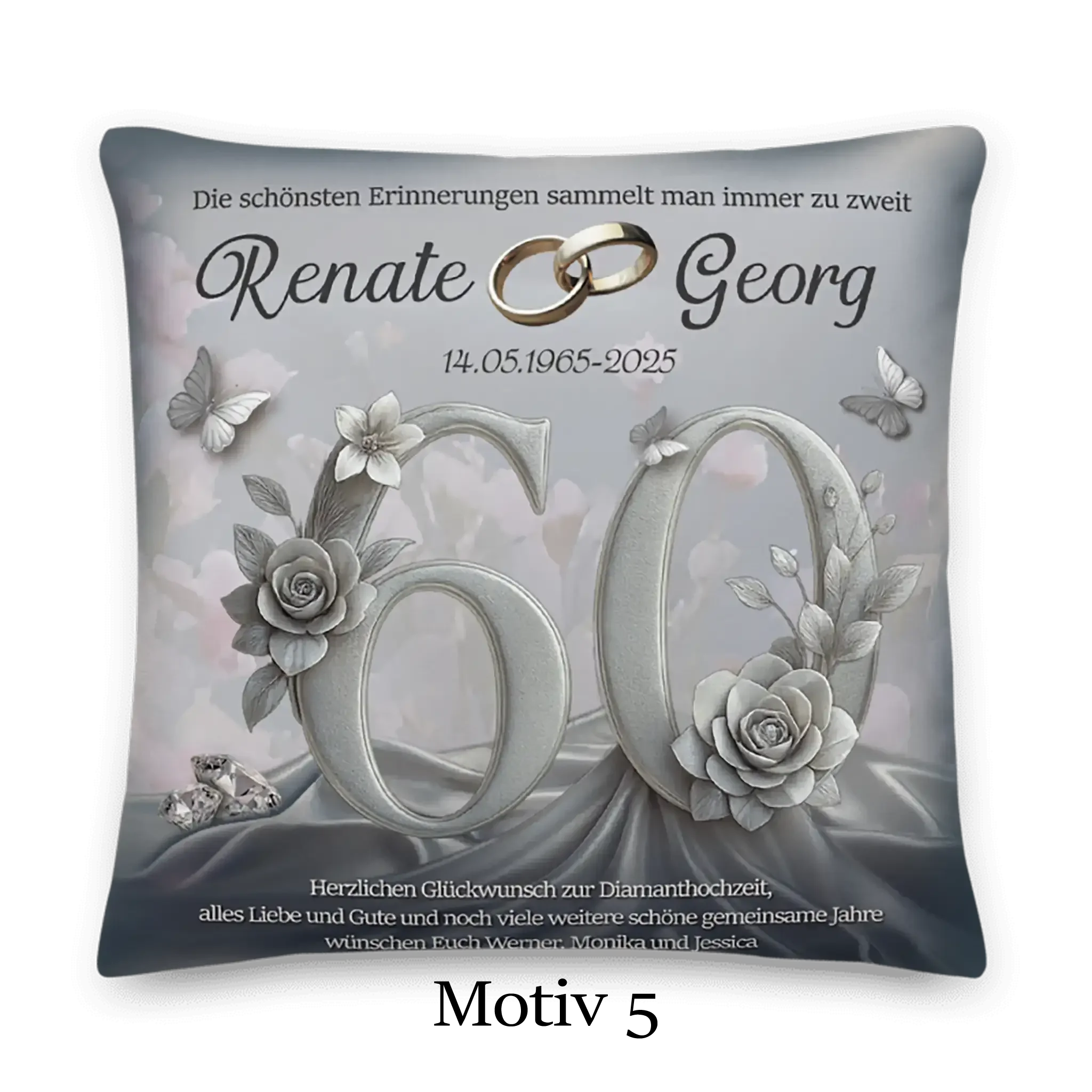 Diamanthochzeit Kissen mit silberner 60, Rosen, Schmetterlingen und goldenen Ringen als Motiv