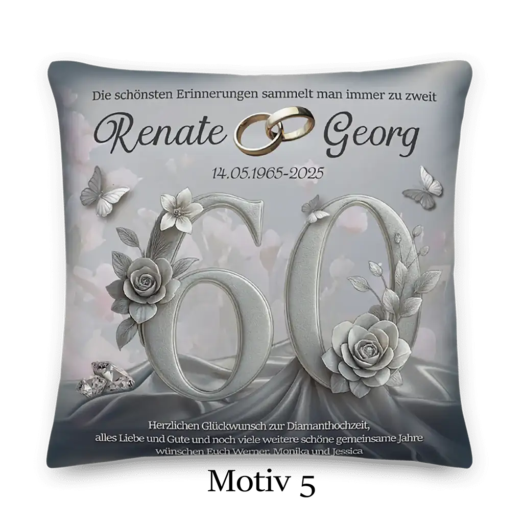 Diamanthochzeit Kissen mit silberner 60, Rosen, Schmetterlingen und goldenen Ringen als Motiv