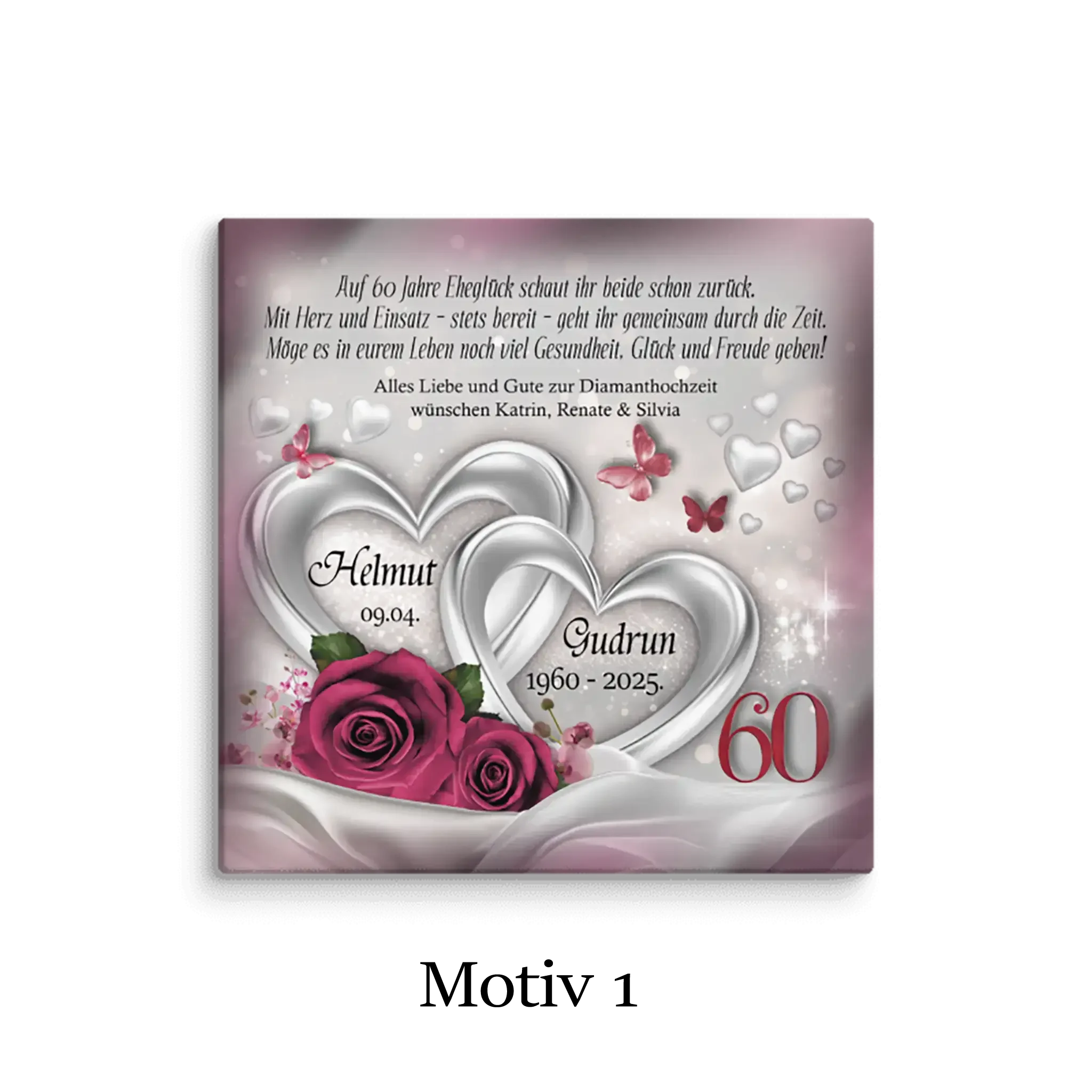 Leinwand Diamanthochzeit Motiv mit zwei silbernen Herzen, roten Rosen und Schmetterlingen