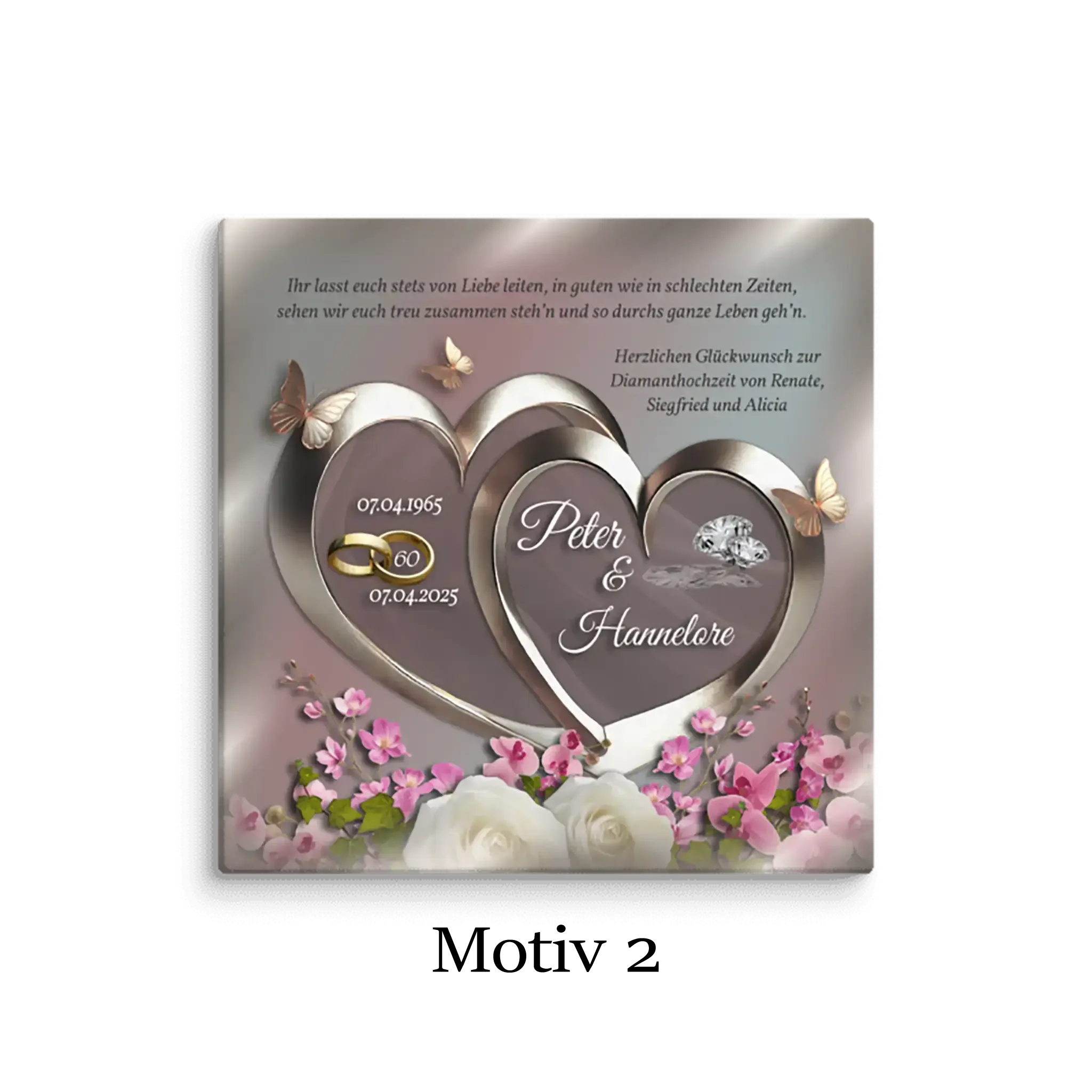 Leinwand Diamanthochzeit Motiv 2 mit Herzen, Blumen, Ringen und Schmetterlingen