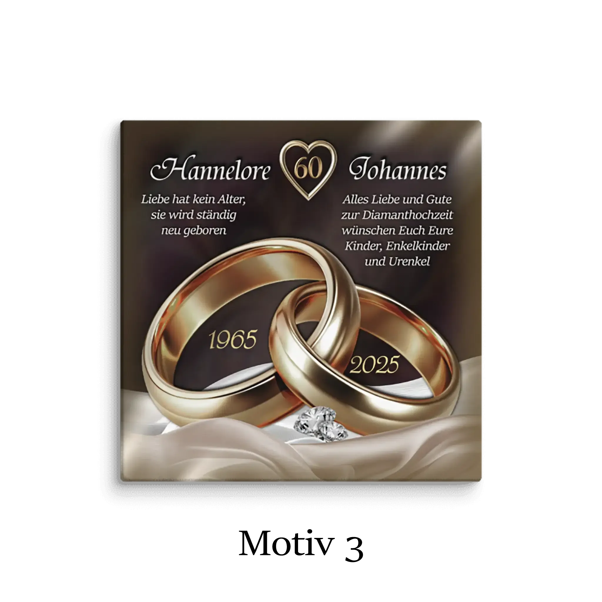 Diamanthochzeit Leinwand mit goldenen Ringen, Diamanten und Gravur der Jahre 1965–2025