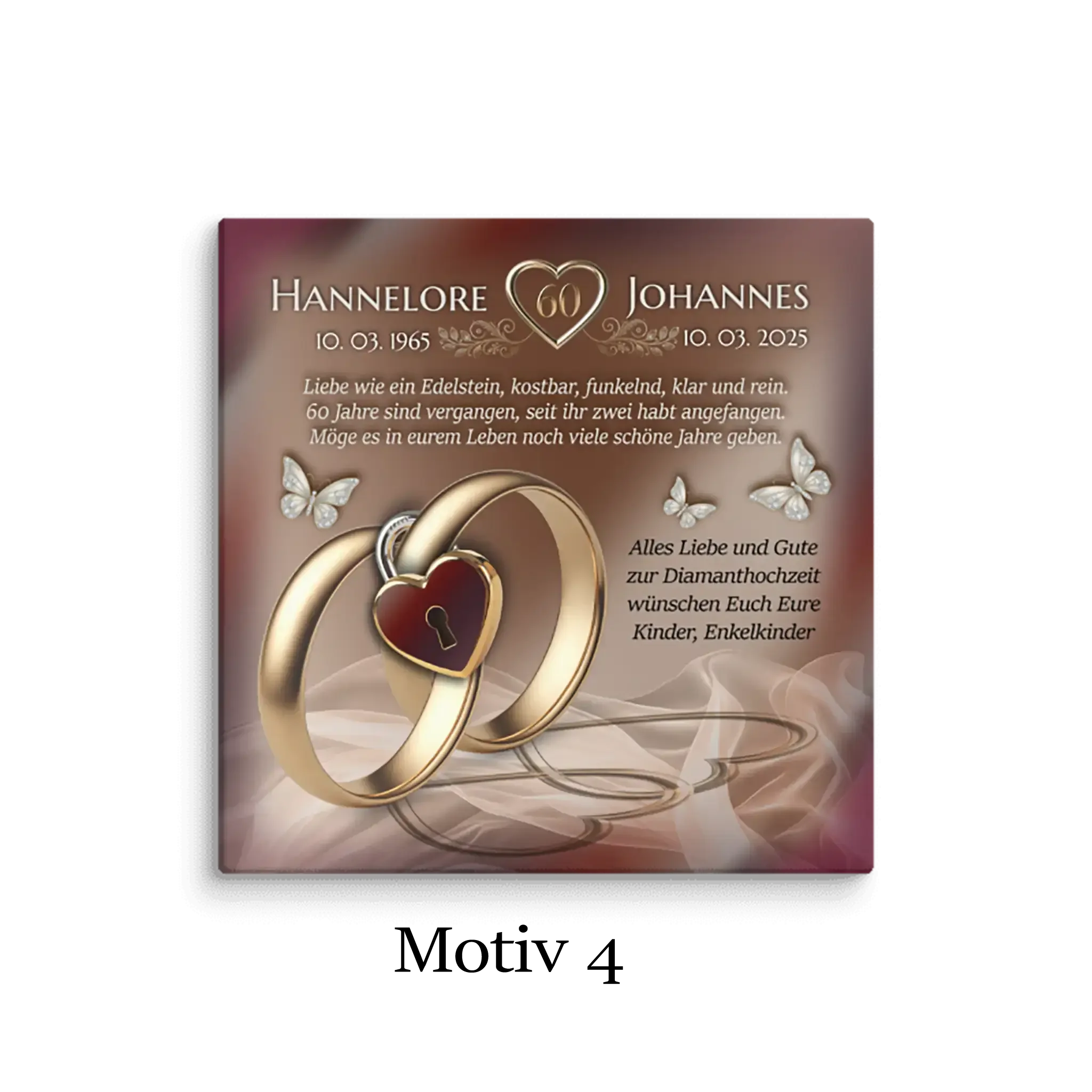 Leinwand Diamanthochzeit Motiv 4 mit goldenen Ringen, Herzschloss und Schmetterlingen