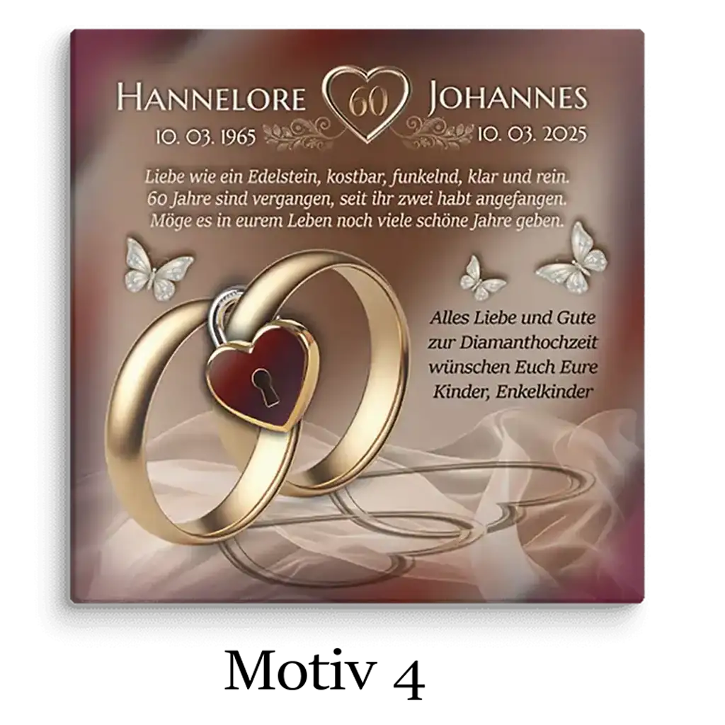 Leinwand Diamanthochzeit Motiv 4 mit goldenen Ringen, Herzschloss und Schmetterlingen