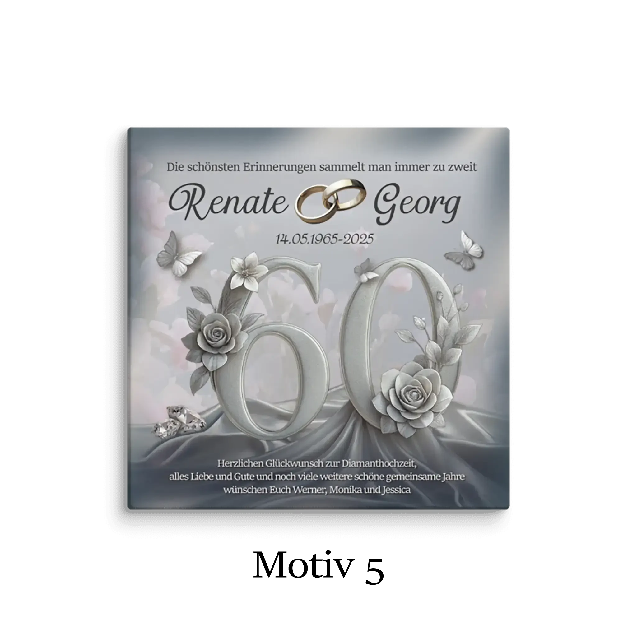 Leinwand zur Diamanthochzeit mit silberner 60, Eheringen, Blumen und Schmetterlingen, Motiv 5