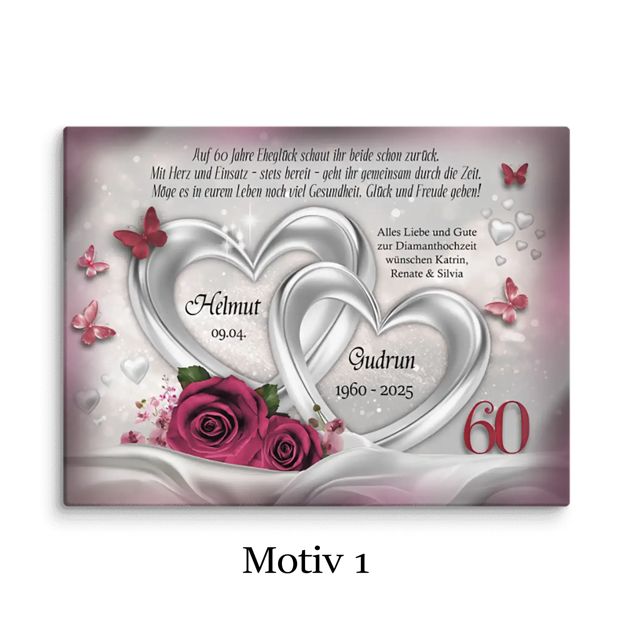 Diamanthochzeit Leinwand mit silbernen Herzen, roten Rosen, Schmetterlingen und Jubiläumszahl 60