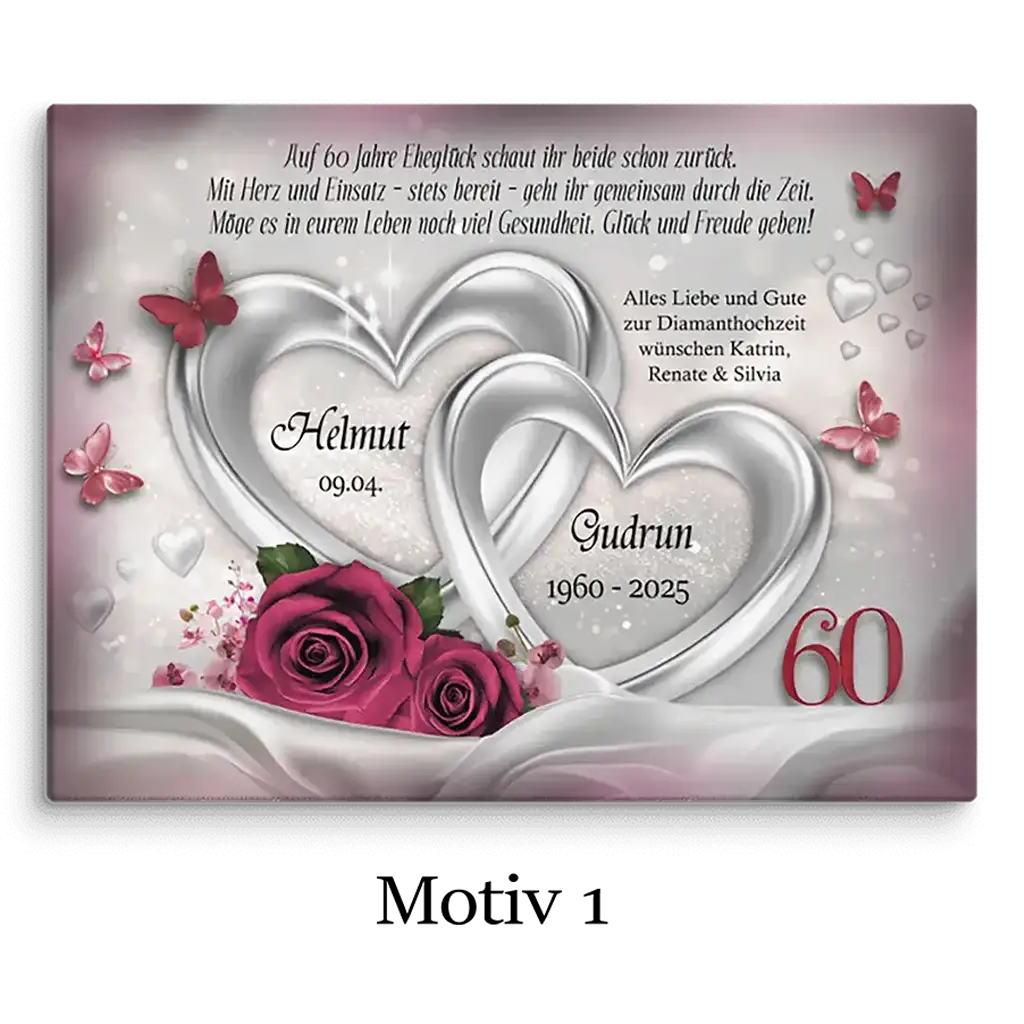 Diamanthochzeit Leinwand mit silbernen Herzen, roten Rosen, Schmetterlingen und Jubiläumszahl 60