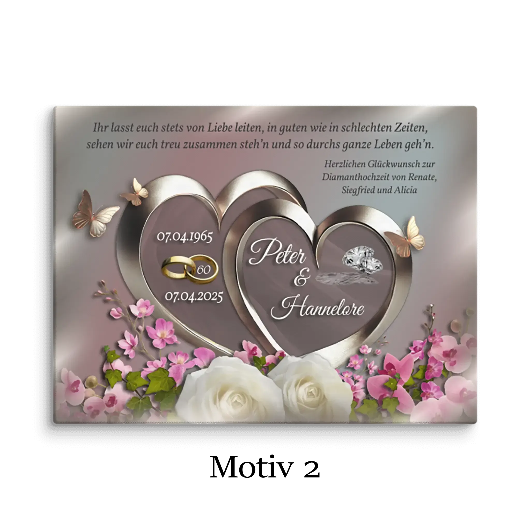 Personalisierte Leinwand zur Diamanthochzeit mit Herzen, Ringen, Blumen und Schmetterlingen