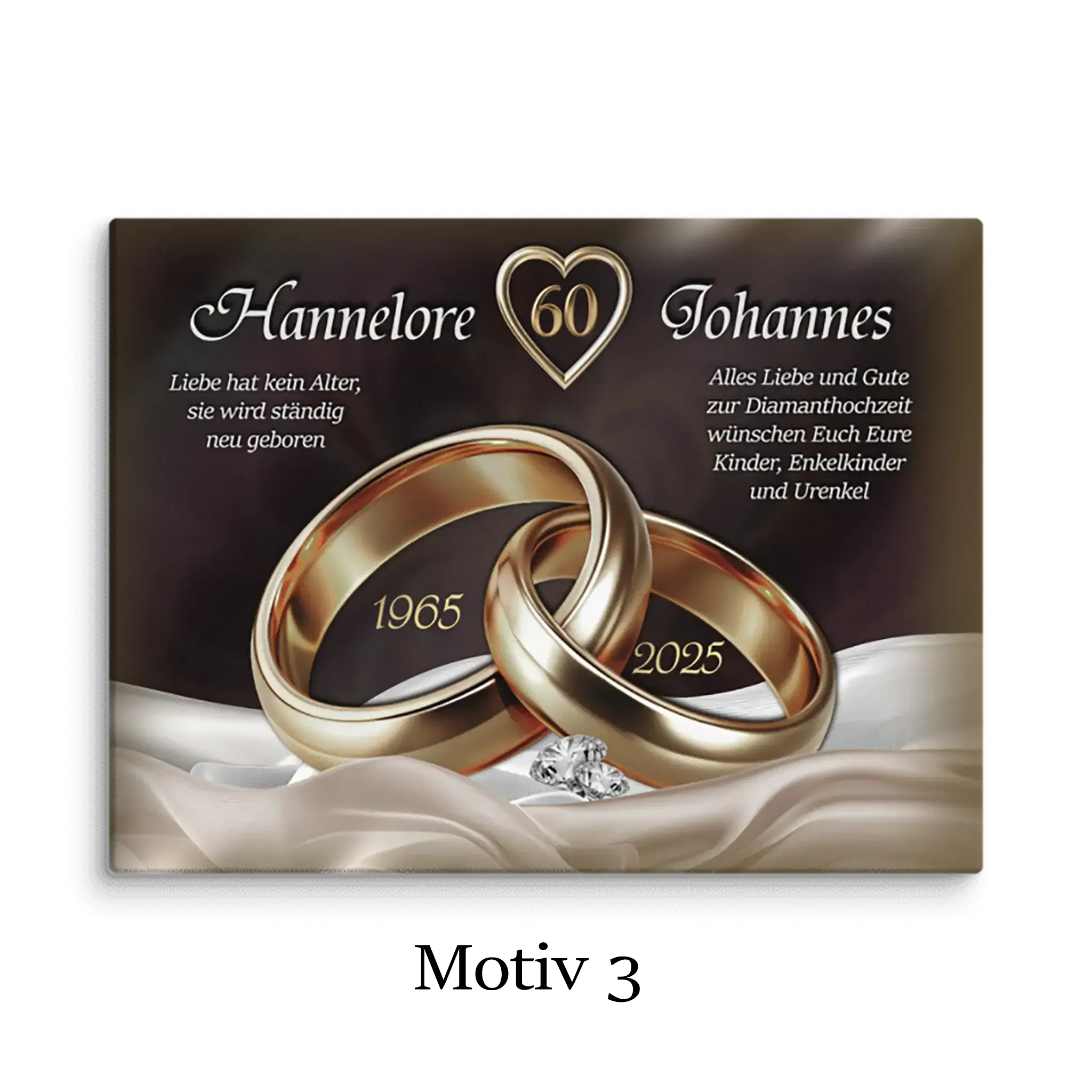 Leinwand zur Diamanthochzeit mit goldenen Ringen, Herz, Diamant und Namensaufschrift