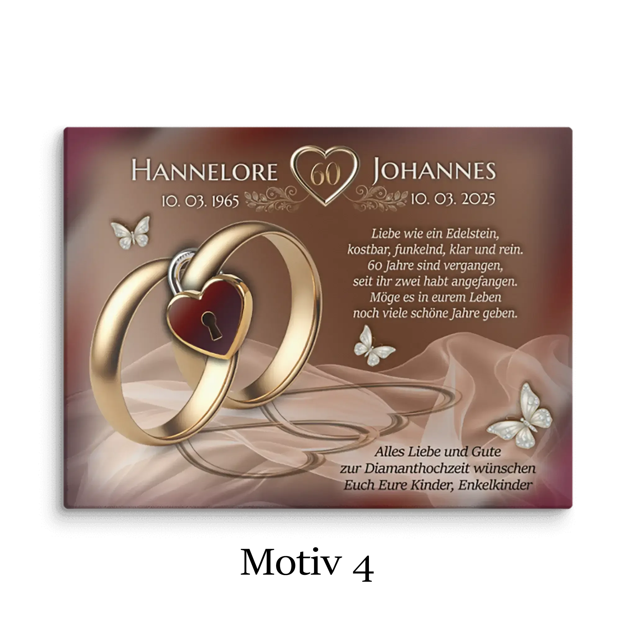 Leinwand Diamanthochzeit Motiv 4 mit goldenen Ringen, Herz und Schmetterlingen auf braunem Hintergrund