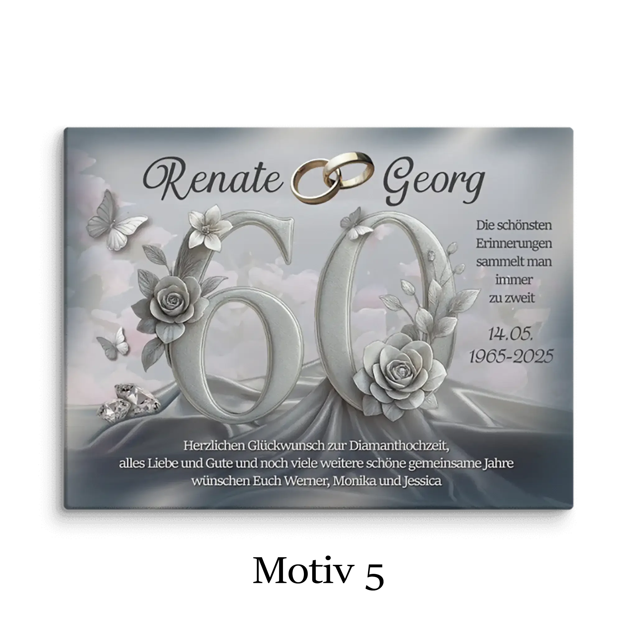 Leinwand Diamanthochzeit 60 Jahre mit Blumen, Ringen, Schmetterlingen und individueller Widmung